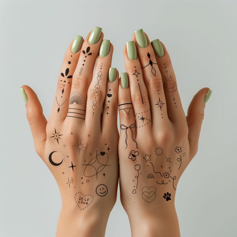 Minimalist Temporary Tattoos for Women Small Finger Tattoos Fine Line Art Cute Flower Doodles Boho Style Decorations Tiny Fake Tattoos Kit with Tin Box for Kids and Women
