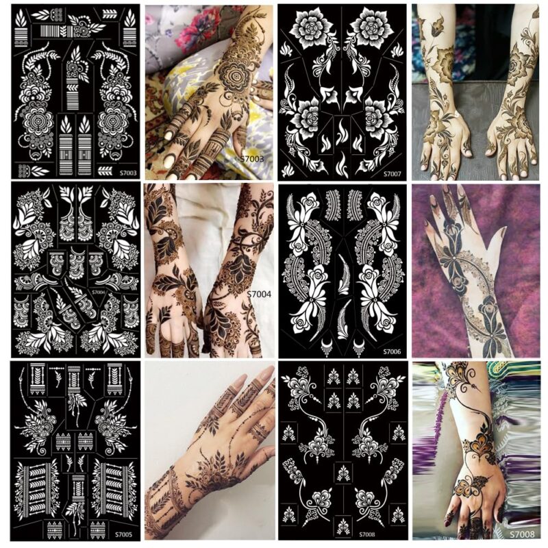 10 Sheets Henna Tattoo Stencils 10 Pair Arm Hand Tattoo Template Temporary Indian Arabian Glitter Airbrush Tattoo Stickers for Face Body Paint DIY (Black) - Image 2