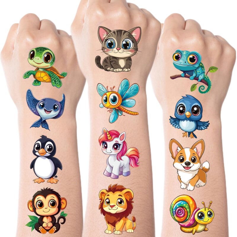 Larger Temporary Tattoos For Kids, 102 Styles Mixed Cute Animals Stickers Birthday Party Favors for Kids 3-5 4-8, Goodie Bag Stuffers Party Supplies Decoration Gifts Activities Games