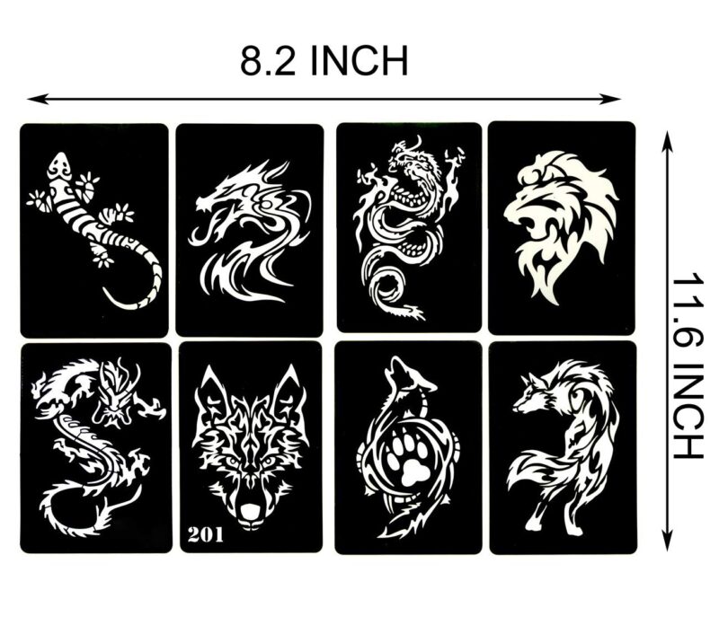 4 Sheets Temporary Tattoo Stencils, 32pcs Animal Patterns Henna Tattoo Stencil Kit Temporary Glitter Airbrush Tattoo Stencils Arabian Tattoo Stickers for Face Body Paint Art - Image 2