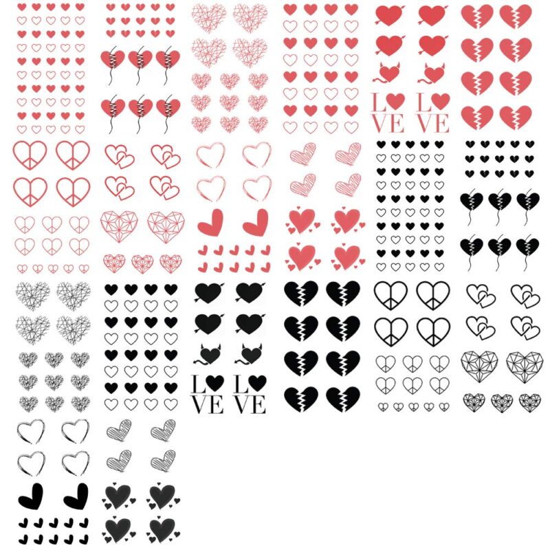 Red Black Love Hearts Temporary Tattoos 15 Designs 2 Colors 360 Patterns, Waterproof Valentines Decal Tattoo Stickers for Women