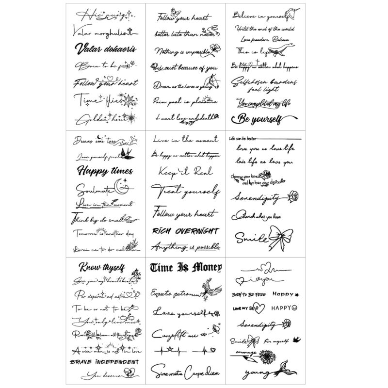 9 Sheets Realistic English Word Temporary Tattoos Stickers,70 Pcs Inspirational Quotes Words Tattoos for Women Man Adult 645