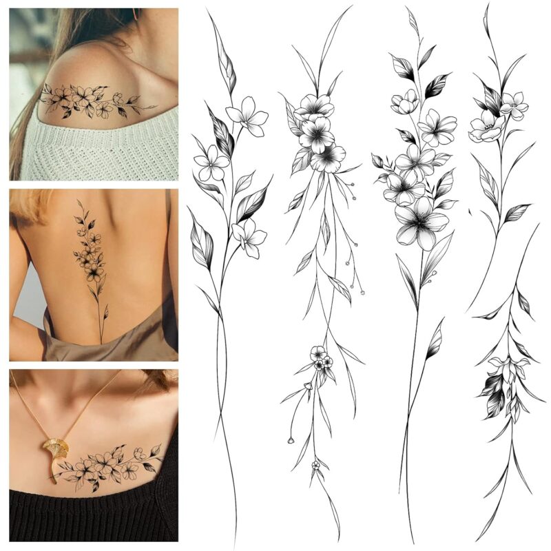 Temporary Tattoos Women, 12 Sheets Long Flowers Vine Leaves Plant Tattoo for Women Adults, Black Semi Permanent Personality Waist Arm Foot Stick on Tattoos Stickers