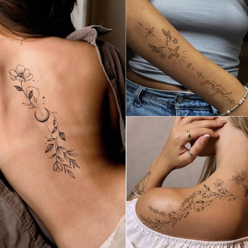 Temporary Tattoos For Women Girls-24 Sheets Branch Flower Leaf Wild Plants Sketch Realistic Long-lasting Tattoo Stickers Waterproof Tattoo Sets for Arm Collarbone Leg Backbone Body Art - Image 2