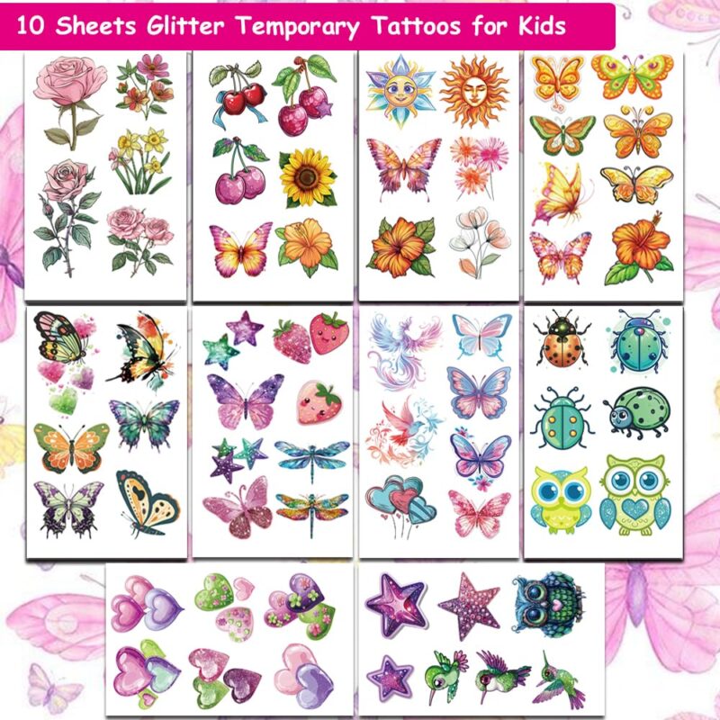 Glitter Temporary Tattoos for Girls 10 Sheets Glitter Flowers Bird Butterfly Heart Temporary Tattoos for Girls Kids Birthday Party Supplies Gifts Decoration - Image 2