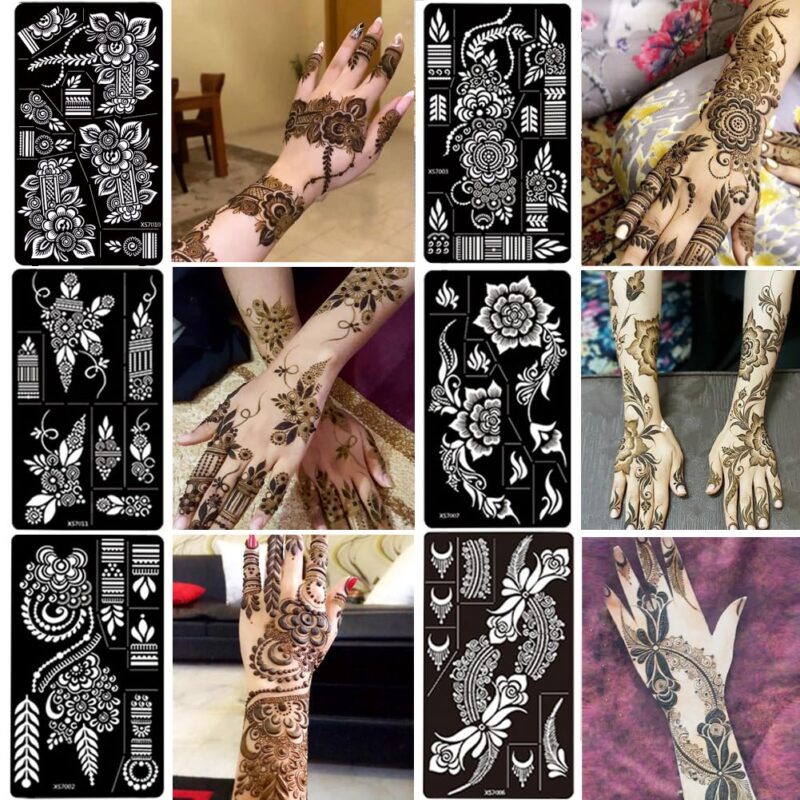 12 Sheet Henna Tattoo Stencils kit, Temporary Tattoos Templates Hand Forearm Indian Airbrush Tattoo Stickers for Women Girls (Black)