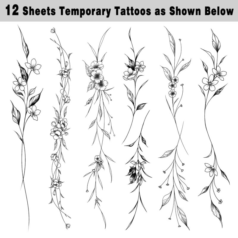 Temporary Tattoos Women, 12 Sheets Long Flowers Vine Leaves Plant Tattoo for Women Adults, Black Semi Permanent Personality Waist Arm Foot Stick on Tattoos Stickers - Image 2