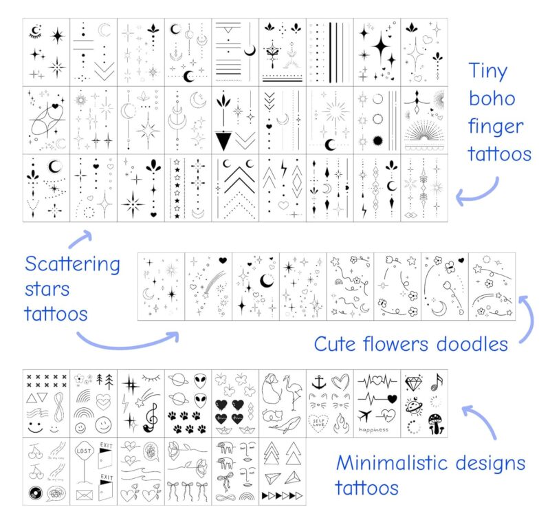 Minimalist Temporary Tattoos for Women Small Finger Tattoos Fine Line Art Cute Flower Doodles Boho Style Decorations Tiny Fake Tattoos Kit with Tin Box for Kids and Women - Image 2