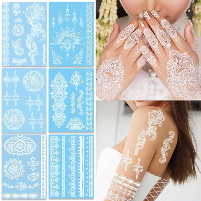 6 Sheets Henna Tattoos Temporary Stickers Flower Lace Lotus Pattern Waterproof Women Body Party Masquerade Halloween DIY Face Arms Legs Art Decoration (White)