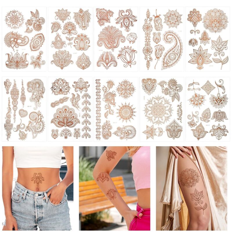 Flower Fake Temporary Tattoos Stickers for Women, Waterproof Indian Lace Mandala Flower Pattern Glitter Art Sticker for Arm Body Hands Makeup Wedding Festival Party, 10 Pack(Rose Gold)