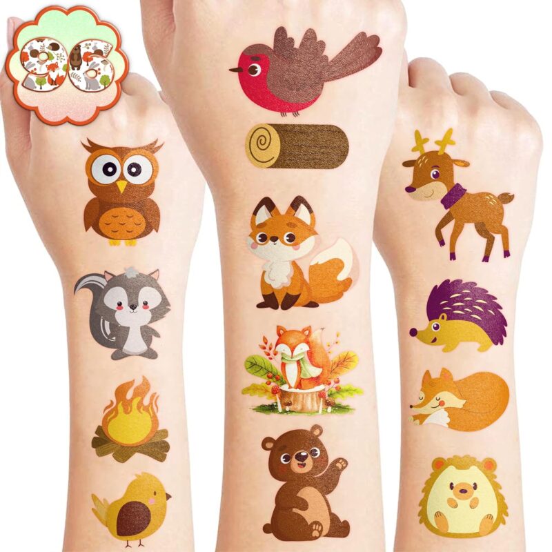 96PCS Woodland Animal Pre-Cut Temporary Tattoos for Kids - Cute Forest-Themed Party Favors, Perfect for Birthday Parties, School Prizes, Autumn Celebrations