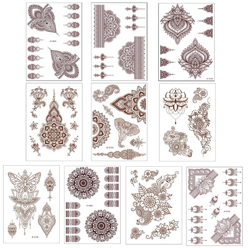 10 Pcs Henna Tattoo Kit Temporary Tattoo Adul Stickers Lace Pattern Fake Tattoos Henna Sticker for Women Girls DIY on Body Face Arms Legs Brown