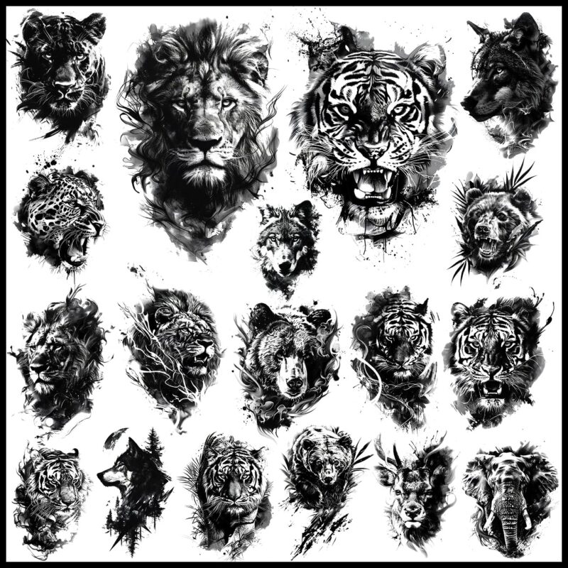 18 Pcs Realistic Tiger Bear Lion Wolf Temporary Tattoos for Men Adults - Black Fake Animals Tattoo Stickers for Men Women Adult Body Art Arm Chest Shoulder