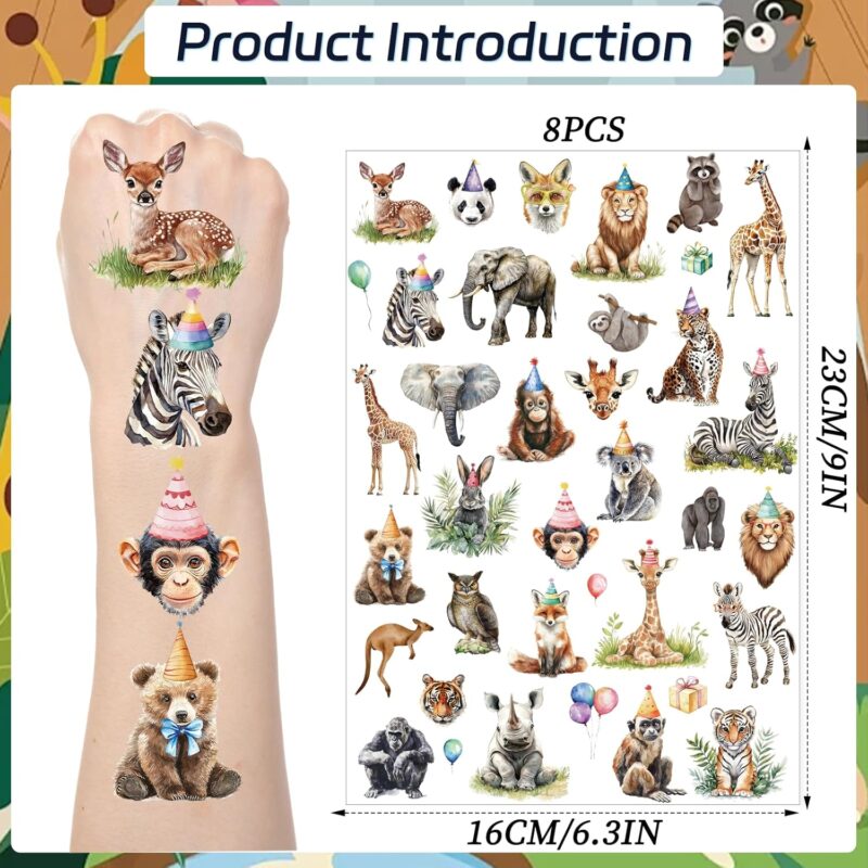 Jungle Animals Temporary Tattoos - 200+ Jungle Party Decorations  Party Favors Supplies Elephant Gorilla Lion Tattoo Stickers for Kids Wildlife Animal Theme Birthday Decor Prizes - Image 2