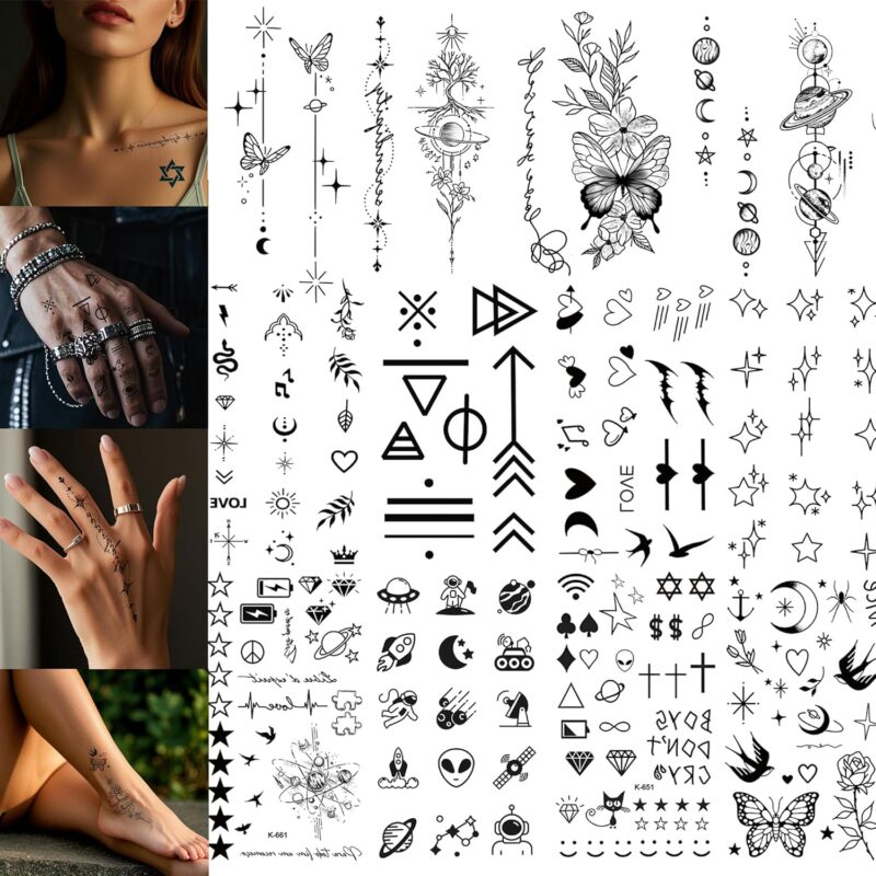 15 Sheets Temporary Fake Tattoos 200 Patterns for Women Men Cartoon Bohemia Fake Tattoo Stickers (Black 15 sheets)