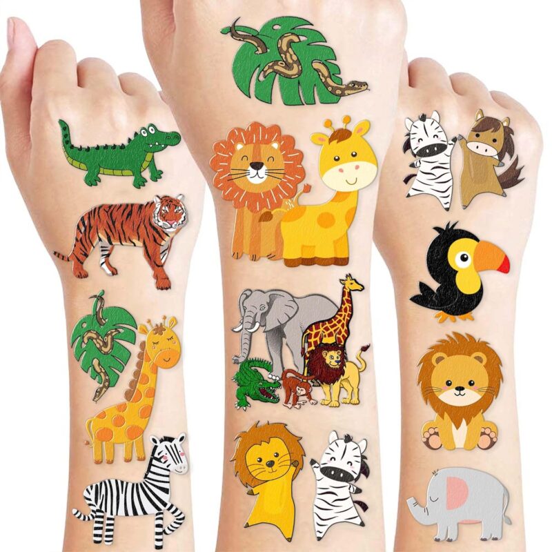 96 PCS Jungle Animal Pre-Cut Temporary Tattoos for Kids –  Zoo 1st One Birthday Party Decorations, Cute Wild Animal Theme Party Favors Supplies Stickers for Boys Girls School Gifts Rewards