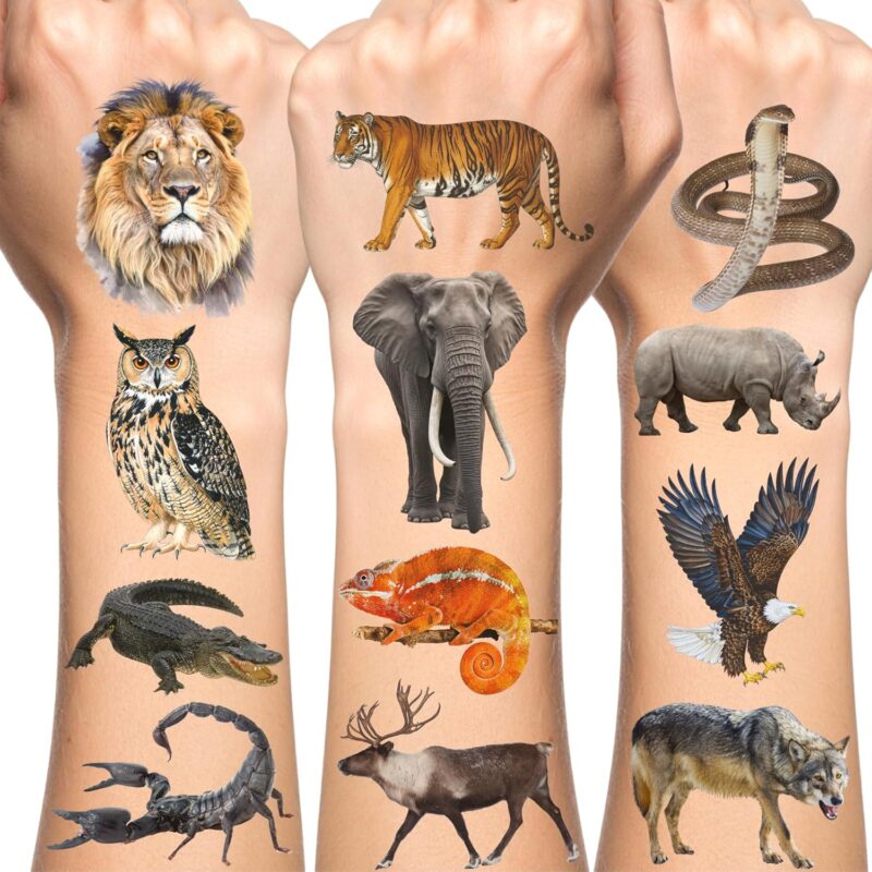 Realistic Wildlife Jungle Animal Temporary Tattoos | Wildlife Animal Birthday Party Decorations Party Favors Supplies Accessories Stickers Gift Idea For Kids Teen Boy Girl Adult 60Pcs 4 Sheets Pre-cut
