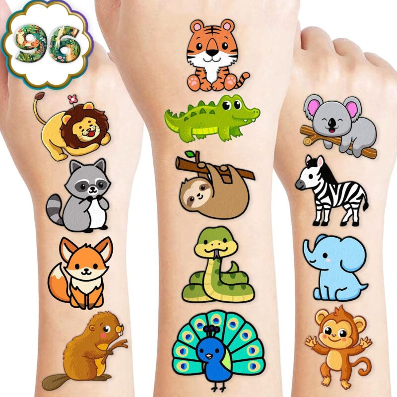 Zoo Pre-cut Temporary Tattoos (8 Sheets 96PCS) Jungles Party Decorations Supplies Favors  Animals Theme Birthday Cute Stickers Christmas Gifts for Boys Girls Class School Prizes Carnival