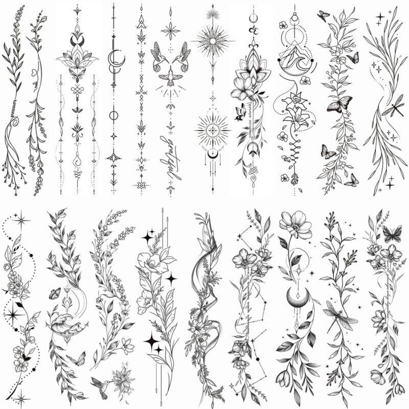 Temporary Tattoos For Women Girls-24 Sheets Branch Flower Leaf Wild Plants Sketch Realistic Long-lasting Tattoo Stickers Waterproof Tattoo Sets for Arm Collarbone Leg Backbone Body Art