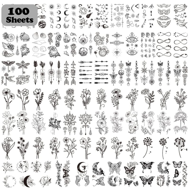 100 Sheets Temporary Tattoos for Women Adult, 420 Mixed Styles Tiny Branch Fake Tattoo Stickers that Look Real and Last Long, Realistic Henna Tattoo for Girl Body Art Sticker