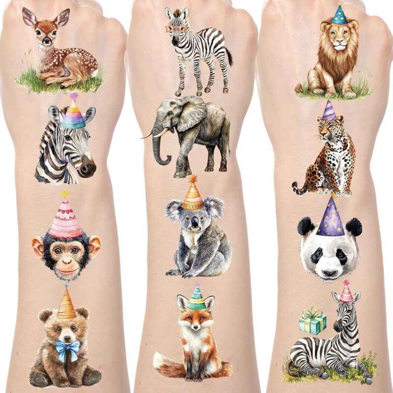 Jungle Animals Temporary Tattoos - 200+ Jungle Party Decorations  Party Favors Supplies Elephant Gorilla Lion Tattoo Stickers for Kids Wildlife Animal Theme Birthday Decor Prizes