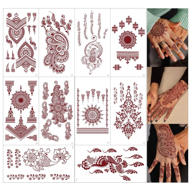 10 Sheets Brown Henna Tattoo Kit, Lace Fake Tattoos Semi Permanent Tattoo Stickers Waterproof Henna Tattoo Stickers for Women Wedding Party Festival Tattoos Decorations(Henna Tattoo) 538