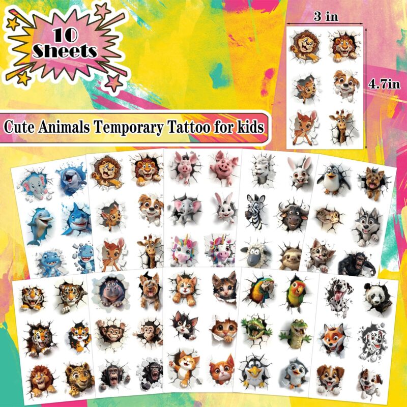 Animals Temporary Tattoo for kids - 10 Sheets for Temporary Girls Boy Body Arm Shoulder Cute Animals Tattoos Stickers, Birthday Party Supplies Gifts for Kids - Image 2