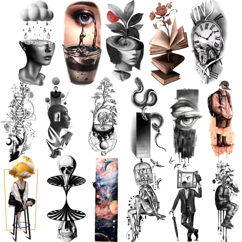 Temporary Tattoos for Men and Women, 77 Sheets Abstract Fake Tattoo Stickers, Snake Tears, Clocks, Planets Pattern Cool Tattoos for Adult Kids