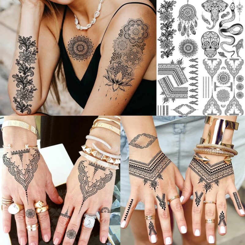 32 Sheets 89+ PCS Black Lotus Temporary Tattoos For Women Hands Adults Underboob, Tribal Indian Elephant Skull Snake Fake Tattoos, Bulk Bohemia Butterfly Tattoo Kit Sets Mandala Flower Moon - Image 2