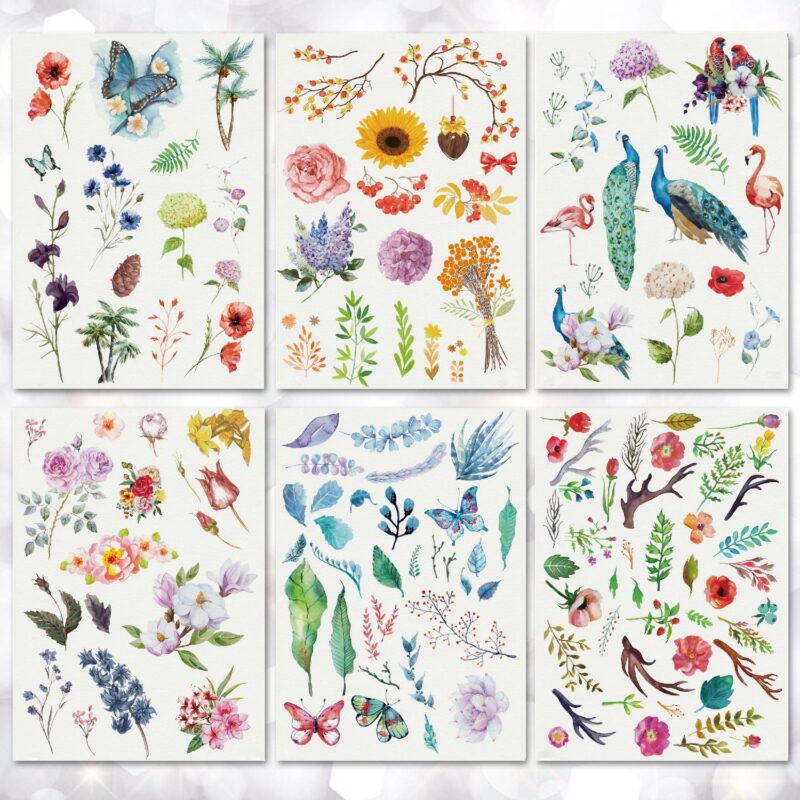 Large Plant Temporary Tattoos, Leaves Flowers Peacock Pattern Tattoo Stickers, Fake Tattoos Body Art Makeup for Women Girls Kids, 6-Sheet