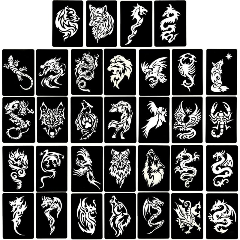 4 Sheets Temporary Tattoo Stencils, 32pcs Animal Patterns Henna Tattoo Stencil Kit Temporary Glitter Airbrush Tattoo Stencils Arabian Tattoo Stickers for Face Body Paint Art