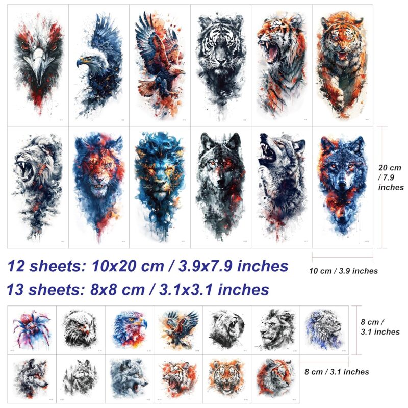 25 Sheets Temporary Tattoo Stickers, 12 Sheets Large Arm Watercolor Animals Fake Tattoos, 13 Pcs Small Animals Tattoo Stickers For Men and Women - Image 2