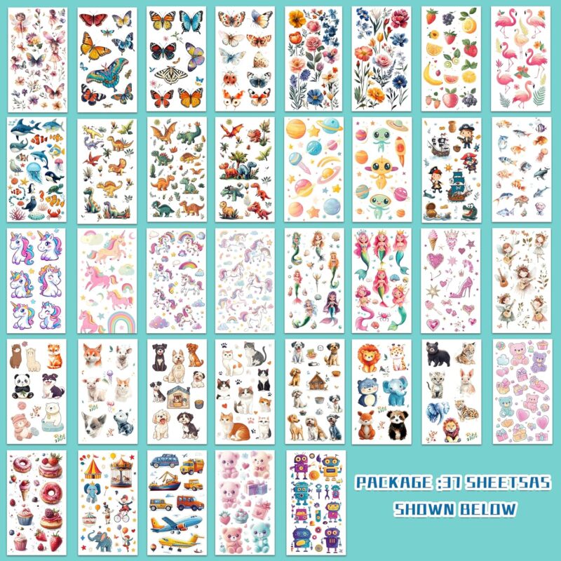 Tattoos for Kids, 350+ Mixed Styles (37 Sheets) Temporary Tattoos Stickers Set Gift for Girls and Boys, Space Dinosaur Animals Butterfly Tattoos for Kids Birthday Party Supplies - Image 2