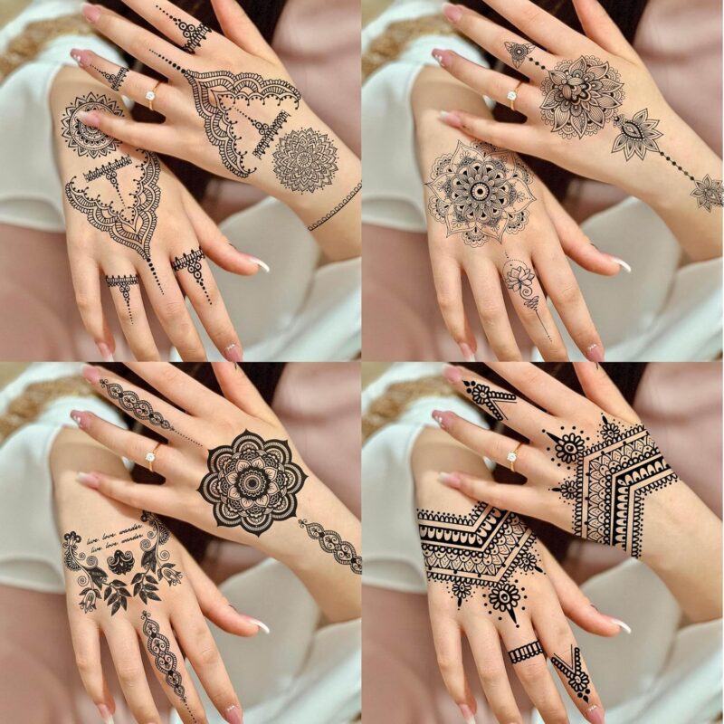 4 Sheets Vintage India Sexy Lace Black Mandala Flower Temporary Tattoos For Women Hand Finger Girls Adults Sets Kits, Wedding Bridal Fake Jewels Tattoo Sticker Lotus Stencils, Party Favor Supplies - Image 2