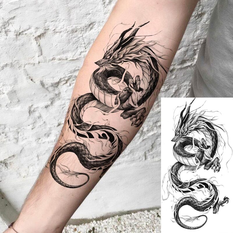 8 Sheets Cool Dragon Temporary Tattoos For Men Women Adults, Black Realistic Dragon Tattoo Sticker Half Arm Sleeve, Waterproof Tribal Totem Fake Tattoos That Look Real and Long Lasting Set Kit - Image 2