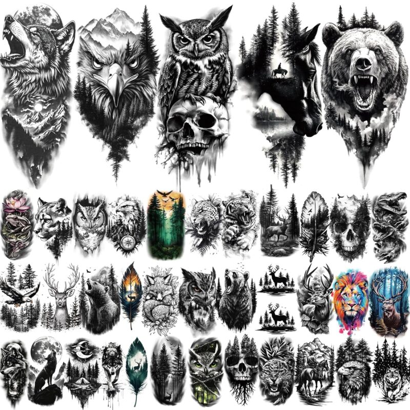 77 Sheets Forest Animals Temporary Tattoo for Women Men, 17 Sheets Half Arm Large Lion Tiger Wolf Fake Tattoos, 60 Sheets Black Skull Owl Bear Tiny for Adult Kids Body Tattoos Stickers Realistic - Image 2