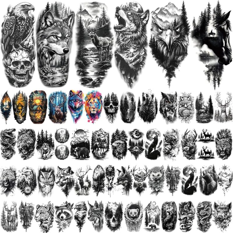 77 Sheets Temporary Tattoos, 17 Sheets Half Arm Wolf Lion Tiger Bear Leopard Eagle Fake Tattoos for Adults Shoulder Neck, 60 Sheets Tiny Animal Temporary Tattoos Realistic for Men Women Boys & Girls - Image 2