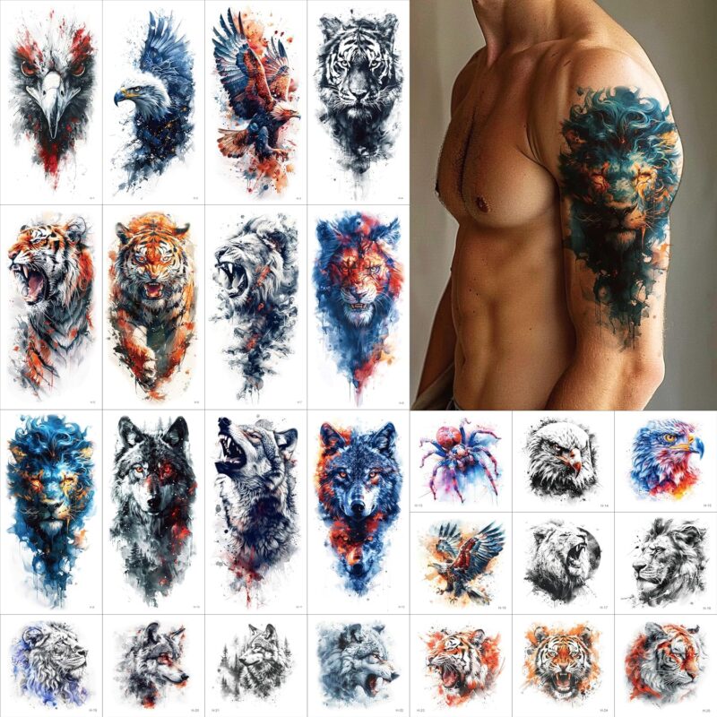 25 Sheets Temporary Tattoo Stickers, 12 Sheets Large Arm Watercolor Animals Fake Tattoos, 13 Pcs Small Animals Tattoo Stickers For Men and Women